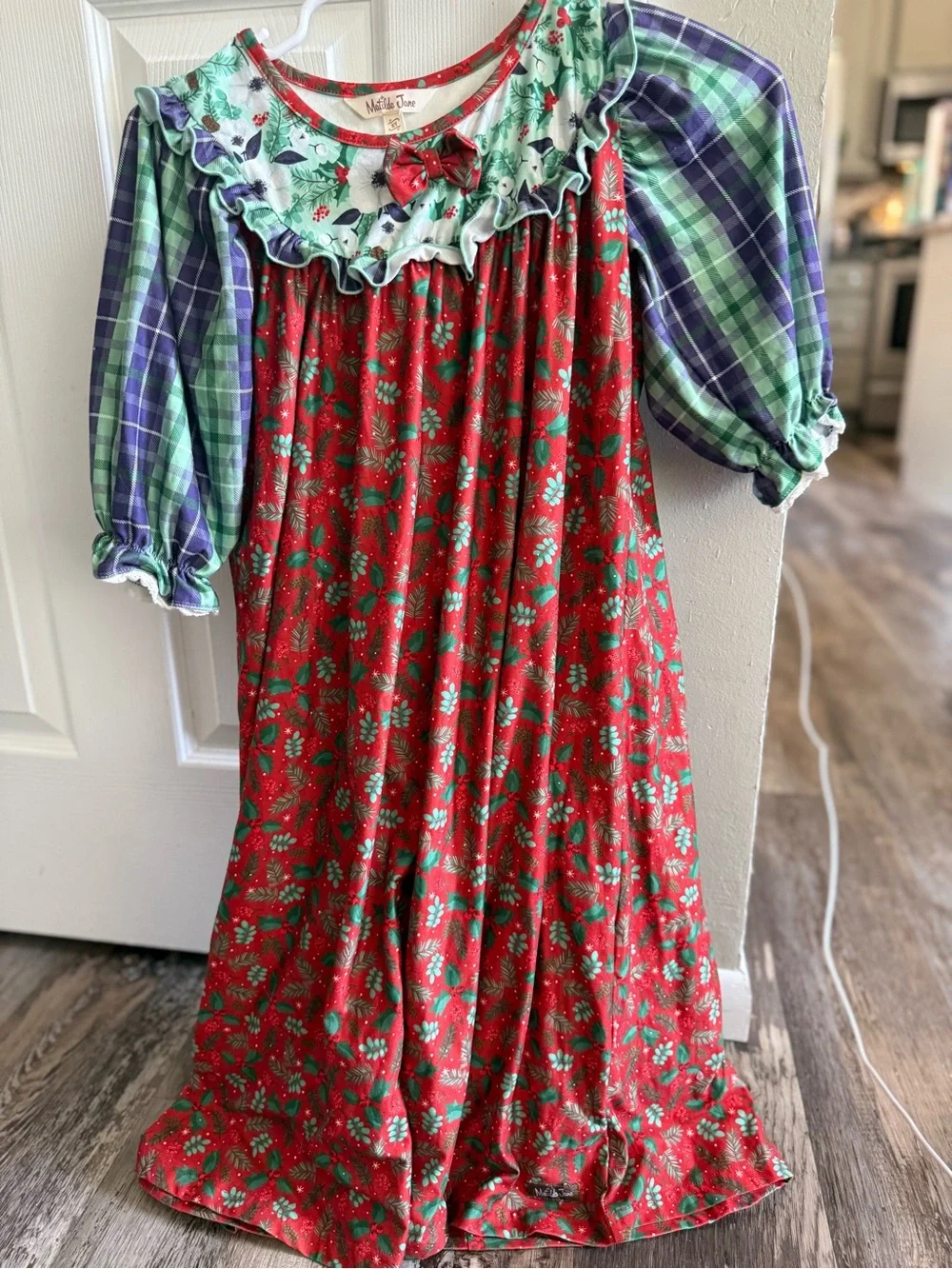 Matilda Jane Girls Red Floral Nightgown with Plaid Puff Sleeves